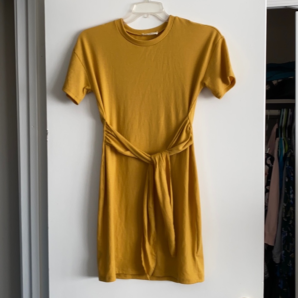 Amante Mustard Yellow Tee-shirt Dress with Attached Belt